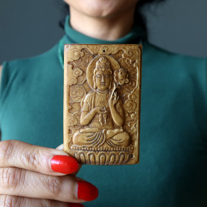 Ox Bone Fossil Pendant Spiritual Buddha Lotus Flower Amulet