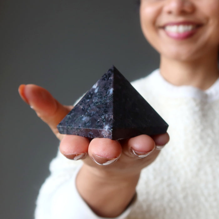 Merlinite Pyramid Gabbro Pyramid Midnight Art Indigo Mystic Merlinite — Satin Crystals