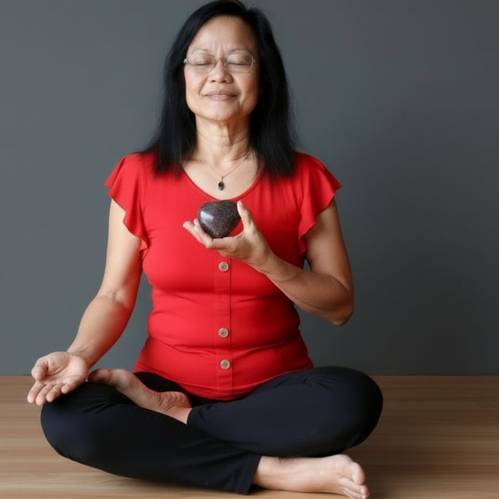 mother and daughter holding garnet hearts