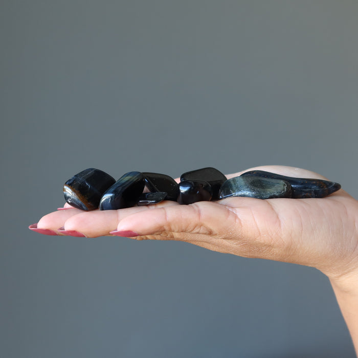 pile of Hawks Eye Tumbled Stones on model palm