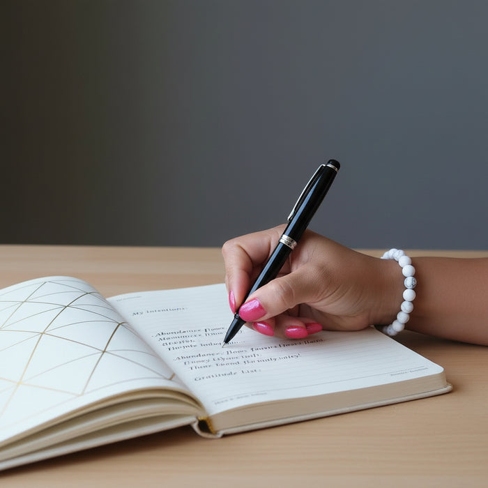female hand modeling howlite stretch bracelet