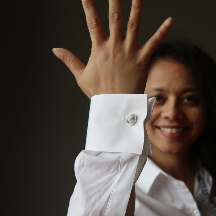 woman modeling howlite cufflinks