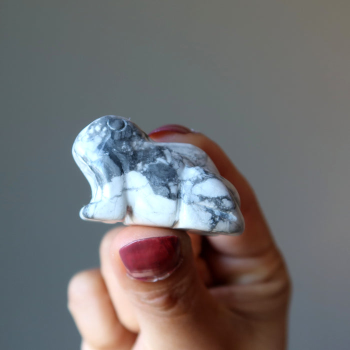 finger tips holding Howlite Frog