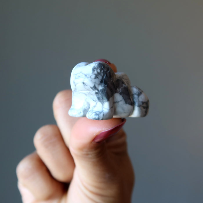 finger tips holding Howlite Frog