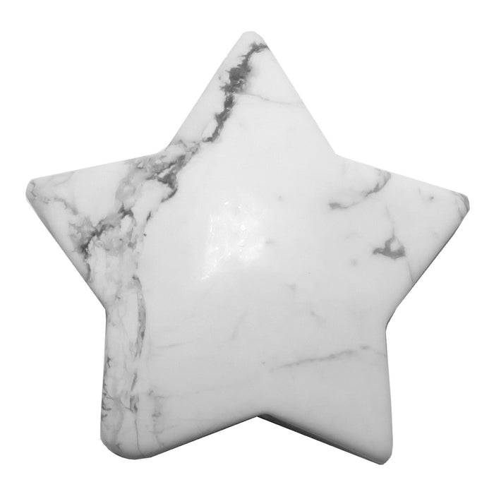 A polished white Howlite crystal gem in the shape of a star with gray veins.