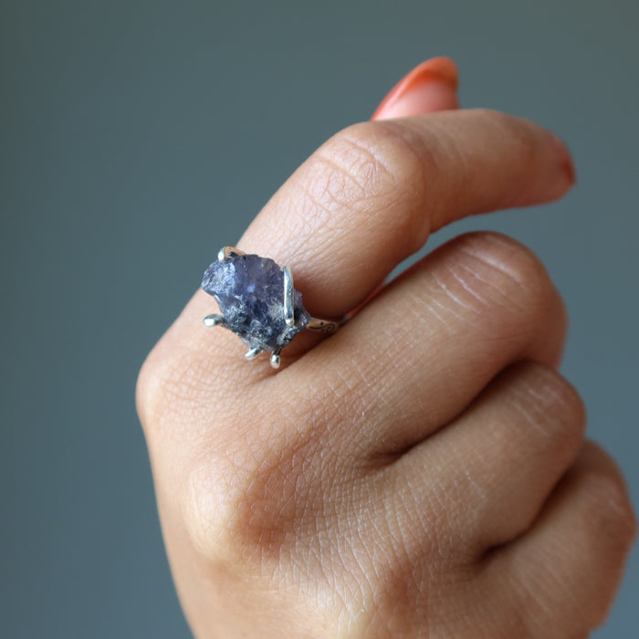 Iolite Ring Rich Blue Stone Sterling Silver Adjustable