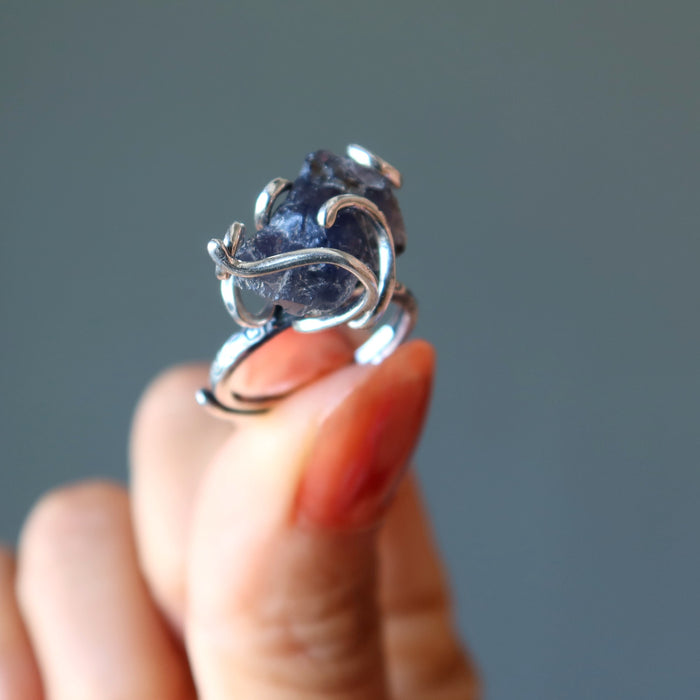 Iolite Ring Rich Blue Stone Sterling Silver Adjustable