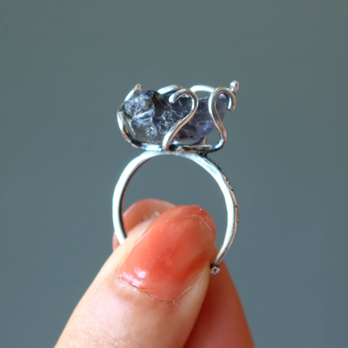 Iolite Ring Rich Blue Stone Sterling Silver Adjustable