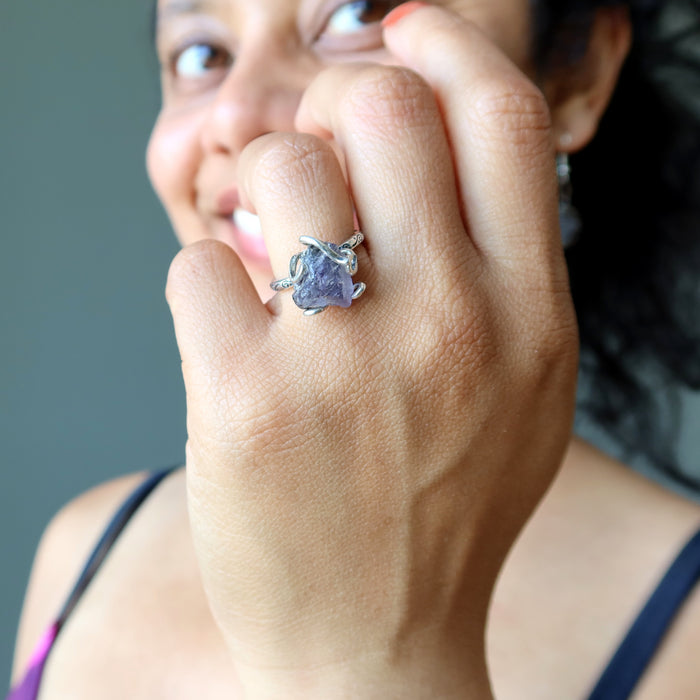 Iolite Ring Rich Blue Stone Sterling Silver Adjustable