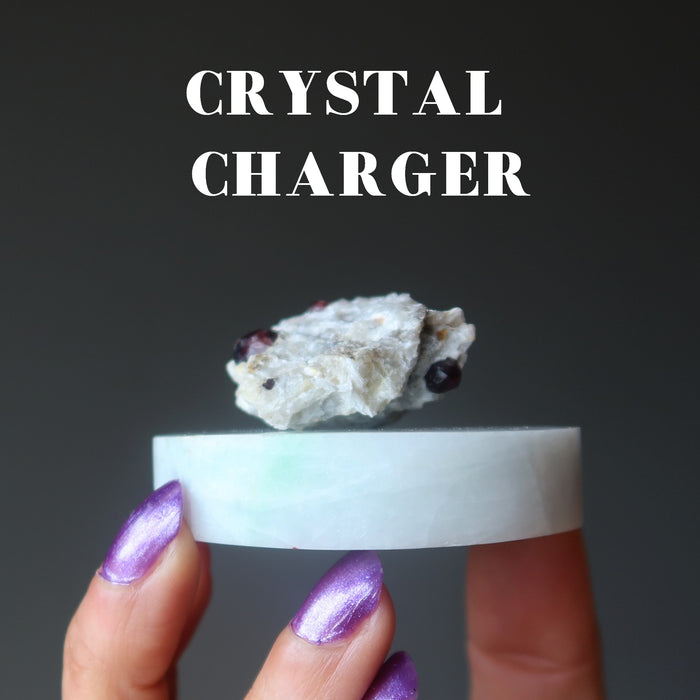 green jade polished circle charger with garnet cluster