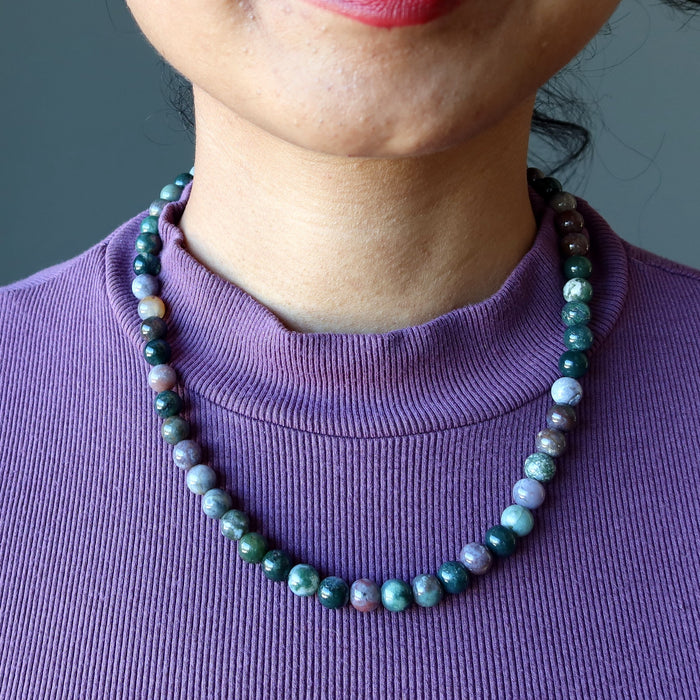 model wearing Earth Colors Round Bead Jasper Necklace