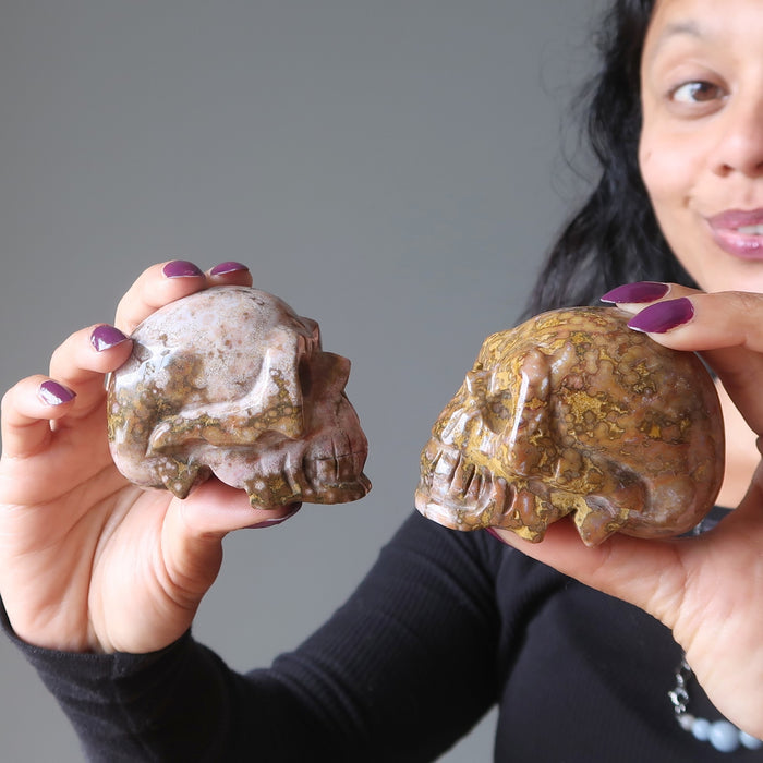 two leopard jasper skulls