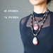 female wearing mookaite jasper and red garnet beaded necklaces showing 18 inches and 24 inches