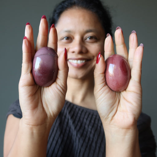 sheila of satin crystals with mookaite jasper ovals in the palm of her hands