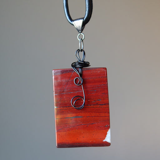 red jasper rectangle necklace on black leather