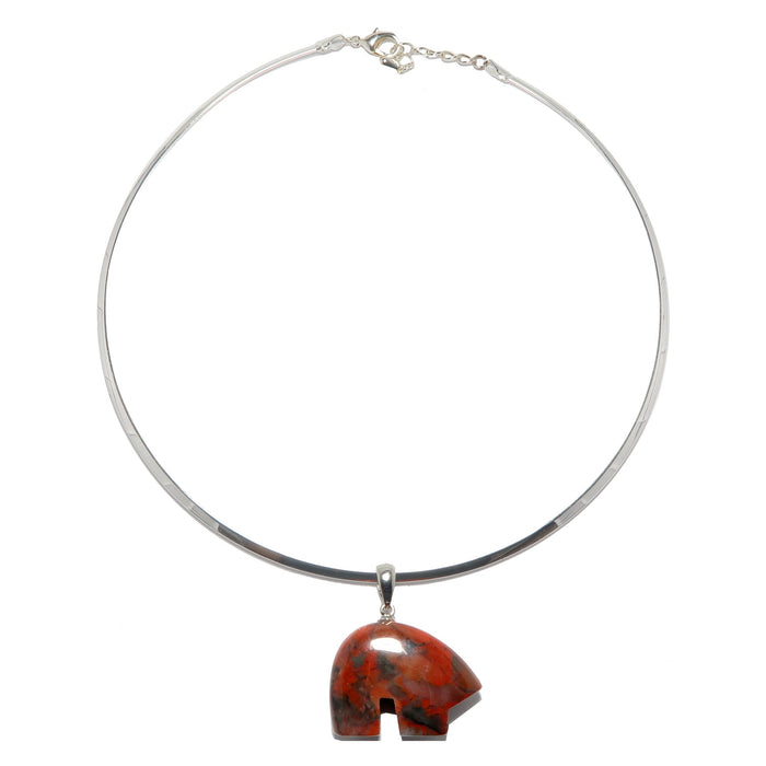 red and black jasper bear pendant on silver choker