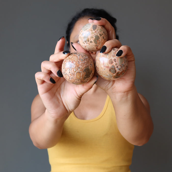 sheila of satin crystals holding three safari jasper spheres