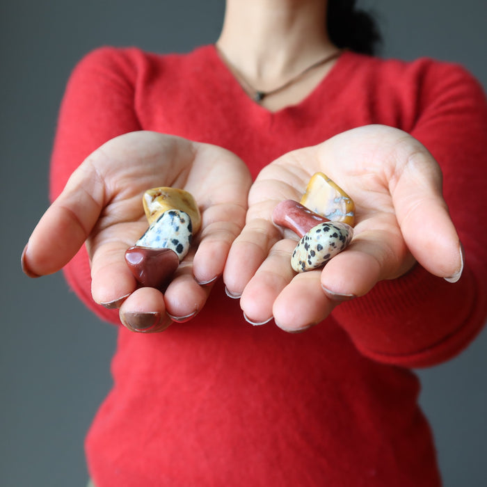 hands holding yellow, red, and dalmatian jasper tumbled stones