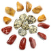6 yellow, 6 red, and 6 dalmatian jasper tumbled stones