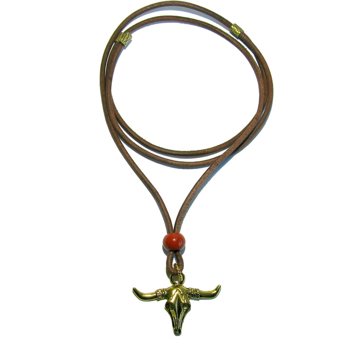 gold bull skull charm on adjustable brown leather necklace with red jasper stone