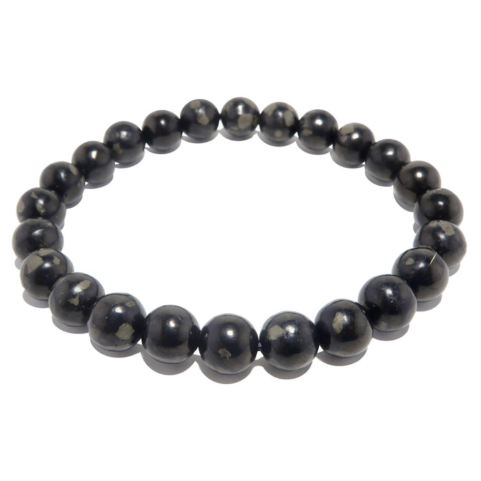 black jet and gold pyrite round beaded stretch bracelet