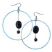 A pair of blue-plated steel hoop earrings with black jet stones, designed in an oval and round shape, suspended from gunmetal-plated brass wires.