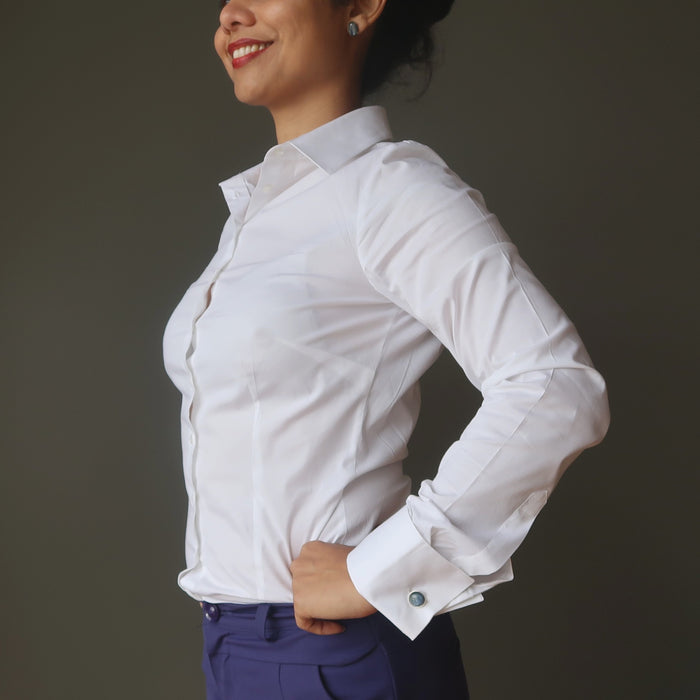 woman wearing kyanite silver cufflinks
