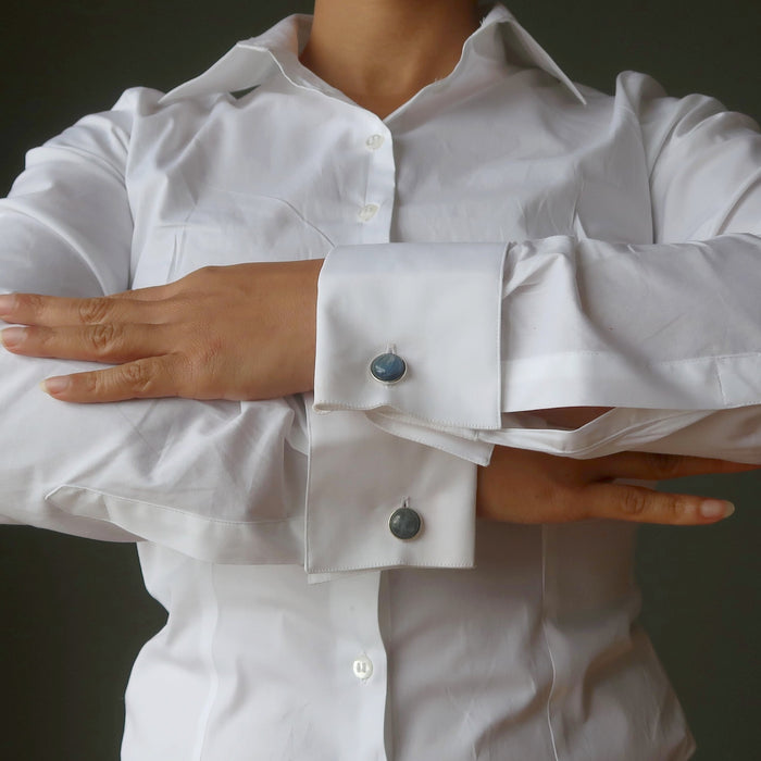 kyanite silver cufflinks on french cuffs