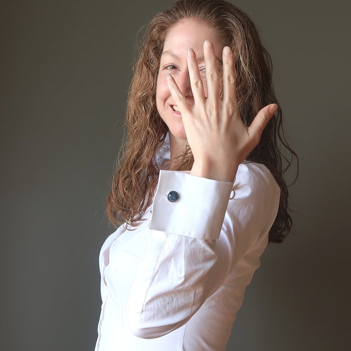 woman wearing kyanite silver cufflinks