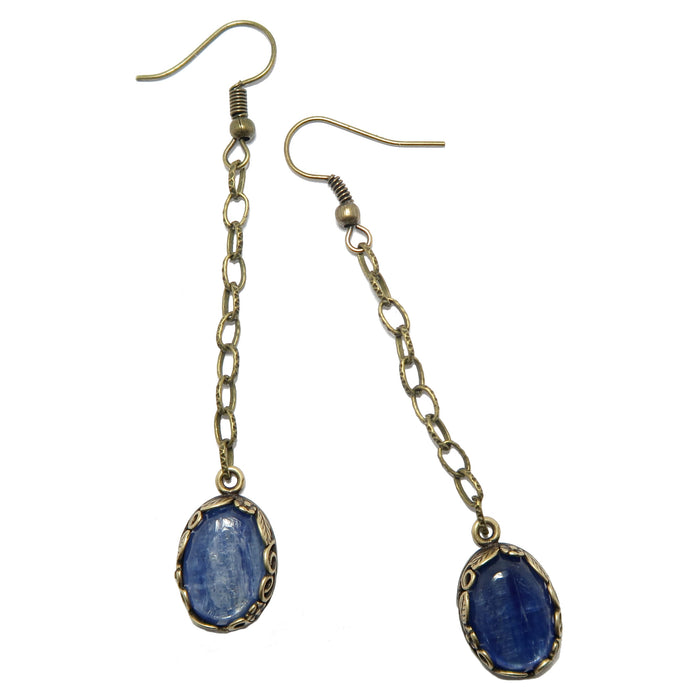 Kyanite Earrings Blue Oval Gems Swinging Leaf Chain