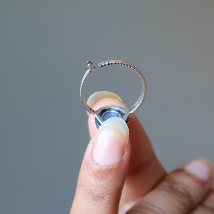 blue kyanite oval in adjustable sterling silver ring showing the back