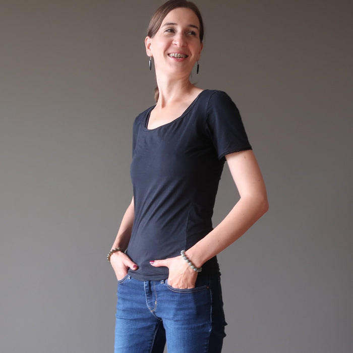 lucia of satin crystals wearing faceted labradorite beaded stretch bracelet