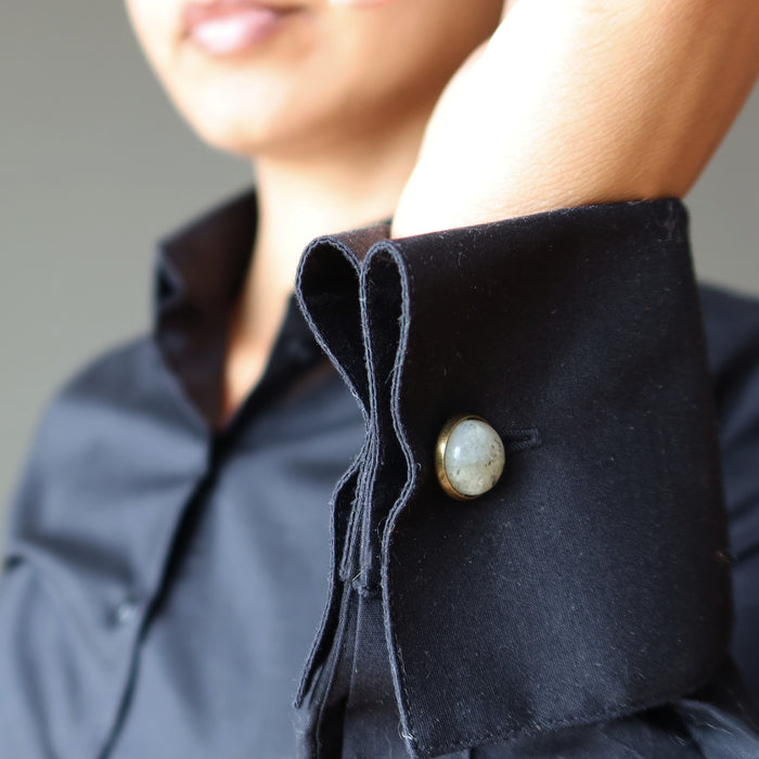 female wearing labradorite cufflinks