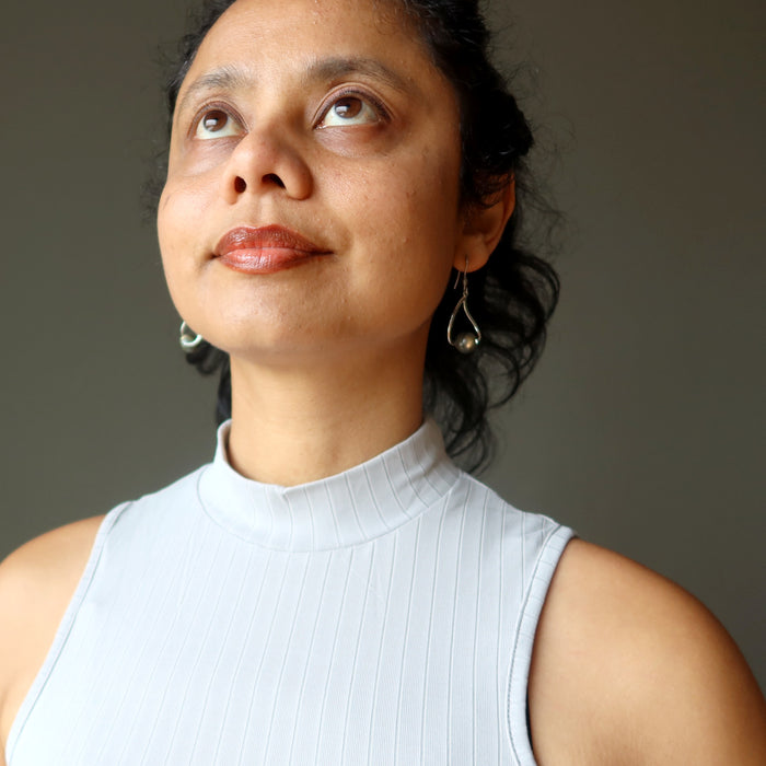 sheila of satin crystals modeling labradorite earrings