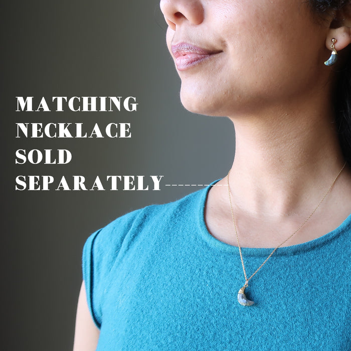 sheila of satin crystals wearing labradorite moon earrings and necklace