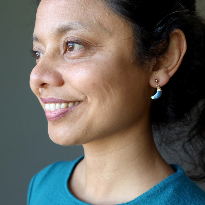 sheila of satin crystals wearing labradorite moon gold post earrings 