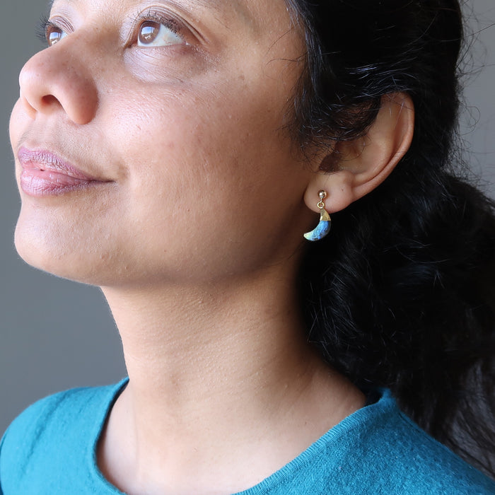 sheila of satin crystals wearing labradorite moon gold post earrings 