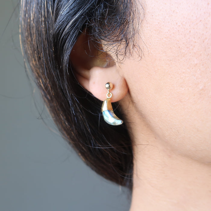 sheila of satin crystals wearing labradorite moon gold post earrings 