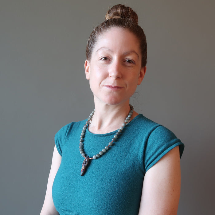 jamie of satin crystals wearing labradorite goddess necklace