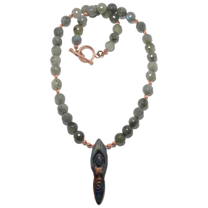 goddess pendant on faceted labradorite and copper beaded necklace