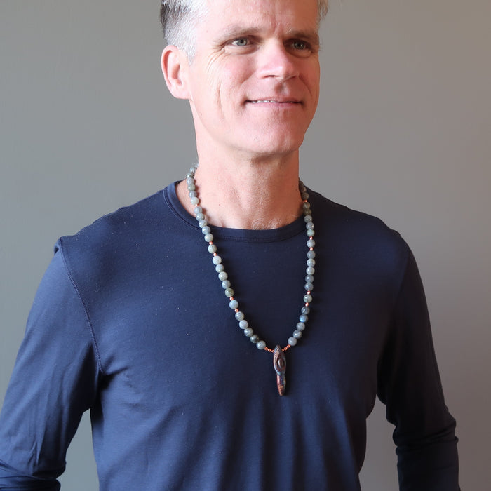 male model wearing labradorite goddess necklace