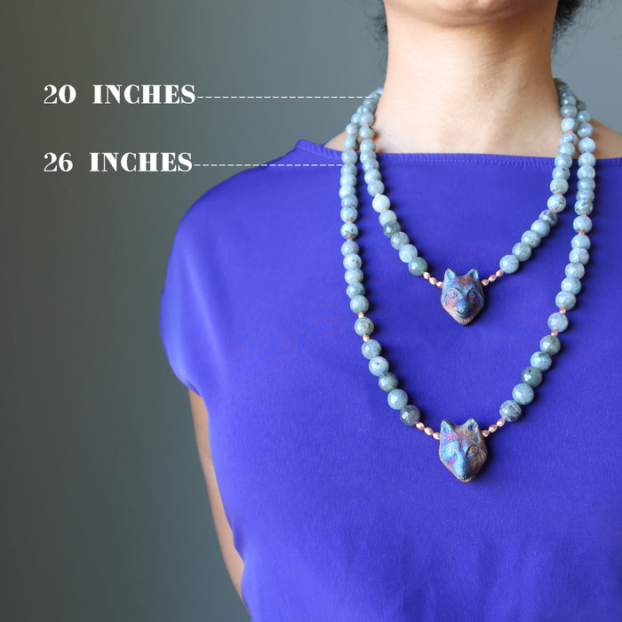 female model wearing 20 inches and a 26 inches labradorite wolf necklace