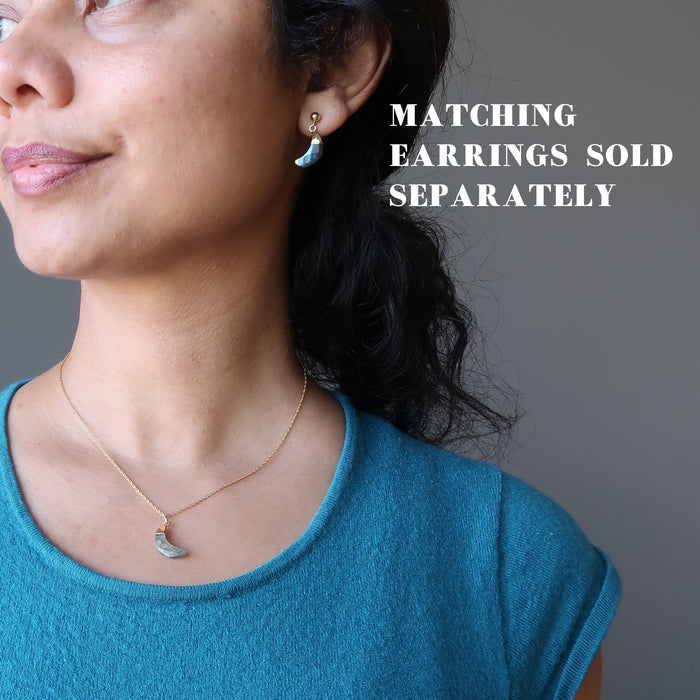 sheila of satin crystals wearing faceted labradorite crescent moon gold chain necklace and matching earrings which are sold separately