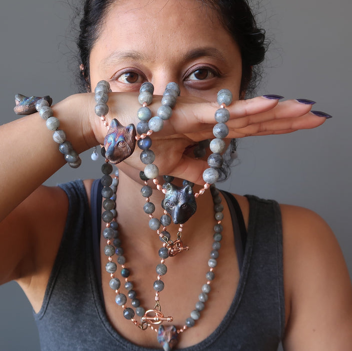 sheila of satin crystals wearing wolf labradorite jewelry