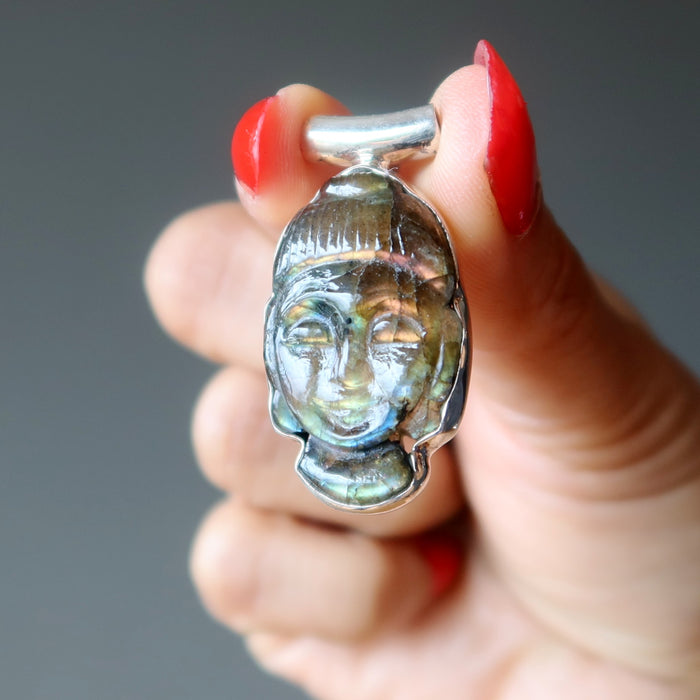 Labradorite Pendant Rainbow Buddha Sterling Silver