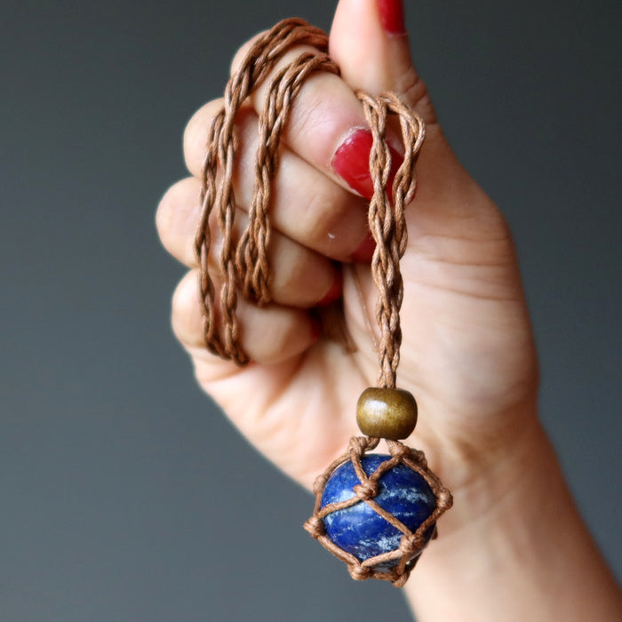 Lapis Necklace Blue Globe Crystal Ball Macrame