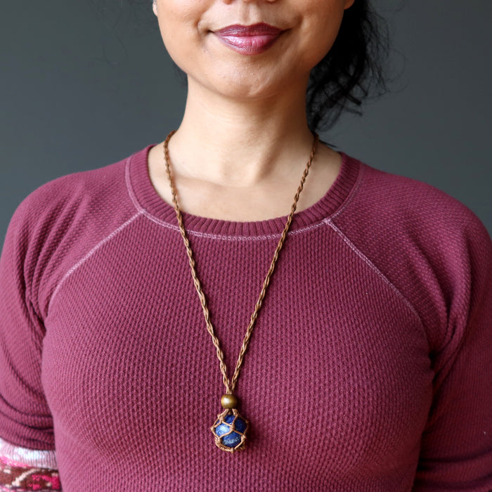 Lapis Necklace Blue Globe Crystal Ball Macrame