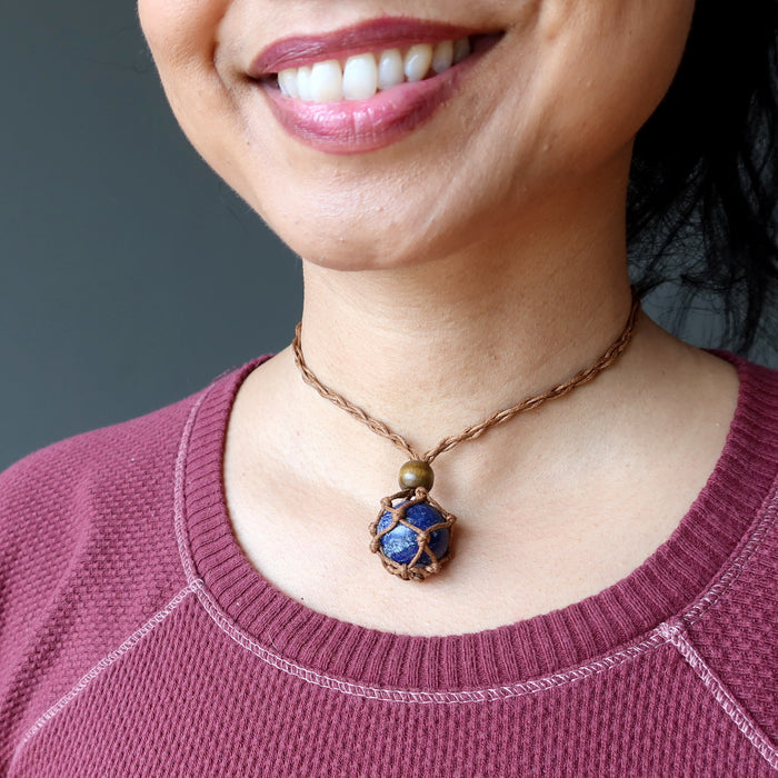 Lapis Necklace Blue Globe Crystal Ball Macrame
