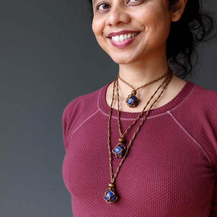 Lapis Necklace Blue Globe Crystal Ball Macrame