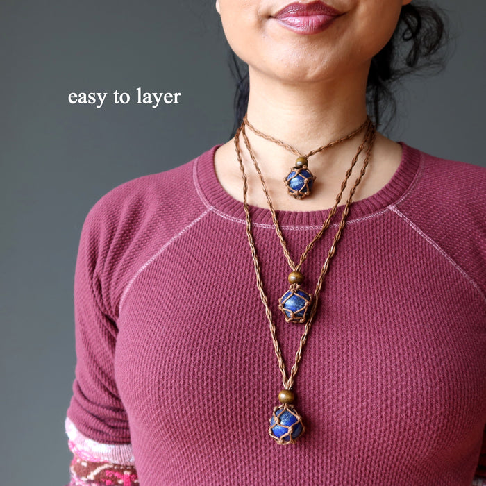 Lapis Necklace Blue Globe Crystal Ball Macrame